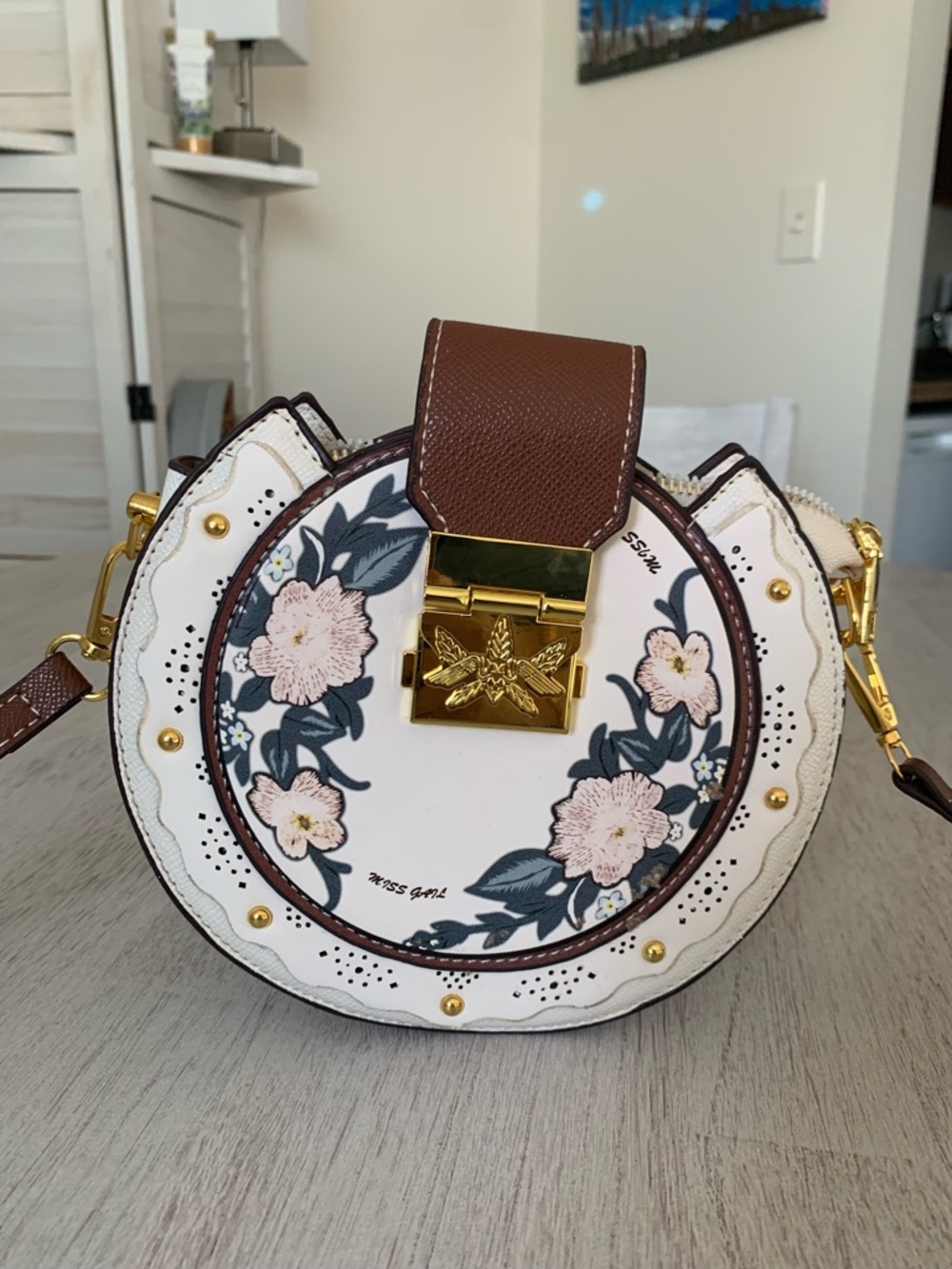 Floral Round Crossbody Bag - White & Brown